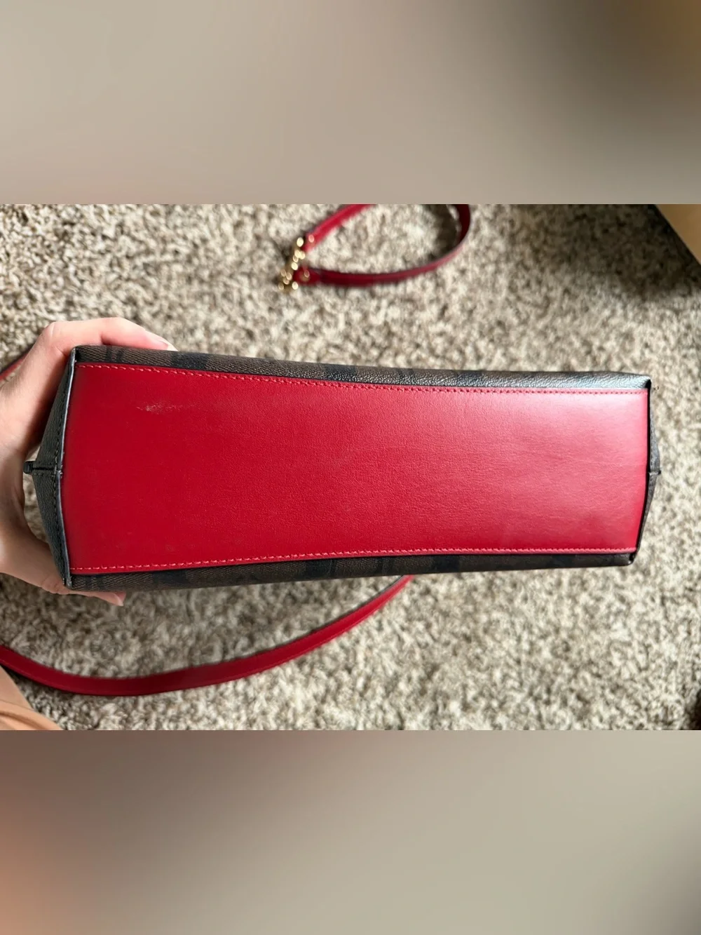 Coach Brown Signature Canvas Tote with Red Strap
